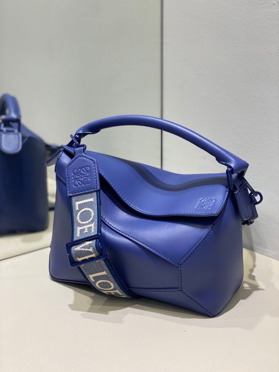 Loewe Small Puzzle Bag in Satin Calfskin Navy Blue